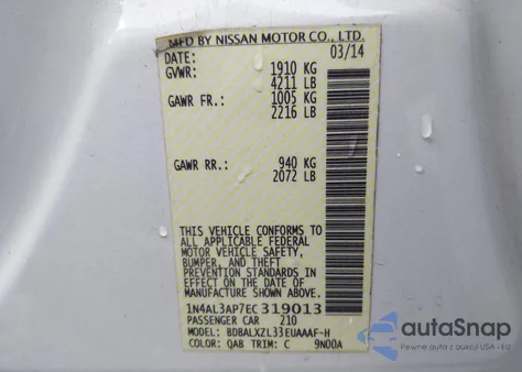 2014 Nissan Altima 2.5 Sl from USA, damaged, VIN 1N4AL3AP7EC319013